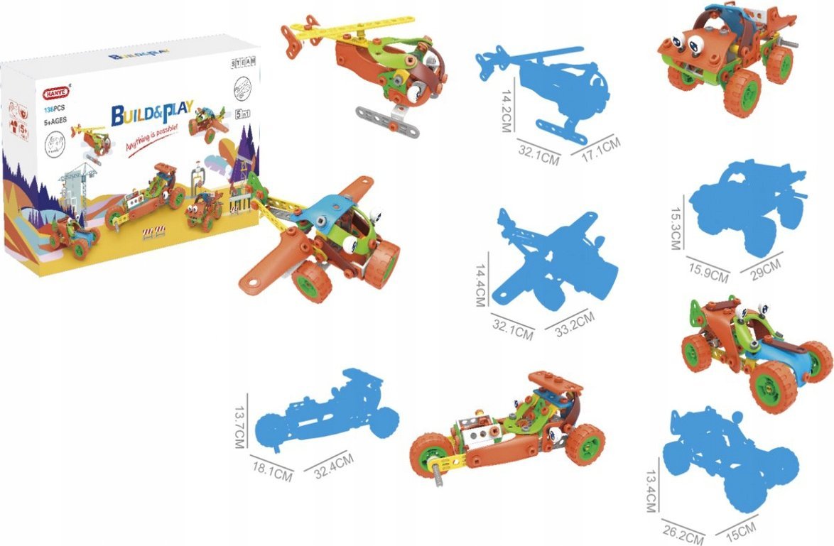 Klocki Elastyczne, Konstrukcyjne 136 El. Auto, Wyścigówka, Helikopter, Samolot Do Rozkręcania I Skręcania 5w1