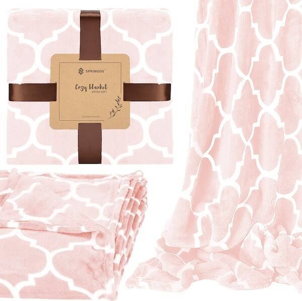 Springos Narzuta na łóżko, pled 200x220 cm koc na kanapę różowy marokańska koniczyna UNIWERSALNY