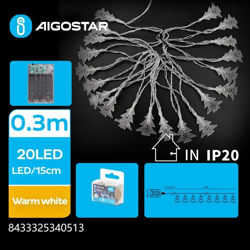 Lampki choinkowe Aigostar Lampki choinkowe 20 led choinki na 3 baterie AA - Ciepła biel, Lampki choinkowe 20 led choinki na 3 baterie AA - Ciepła bie
