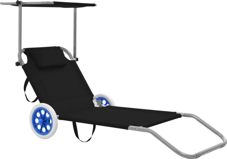 Elior Czarny leżak ogrodowy z kółkami i zadaszeniem - Miriam
