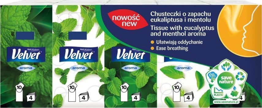 Velvet Chusteczki higieniczne VELVET, Eukaliptus i mentol, 4-warstwowe, 10x10szt., białe