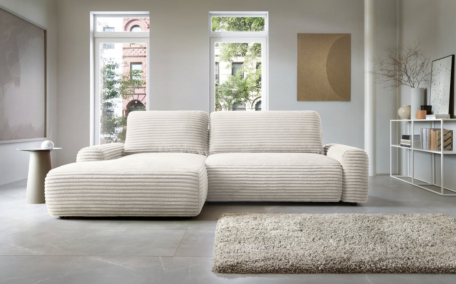 Narożnik sztruksowy z funkcją spania VIGO Ambience 01 Jasny Beż pojemnik