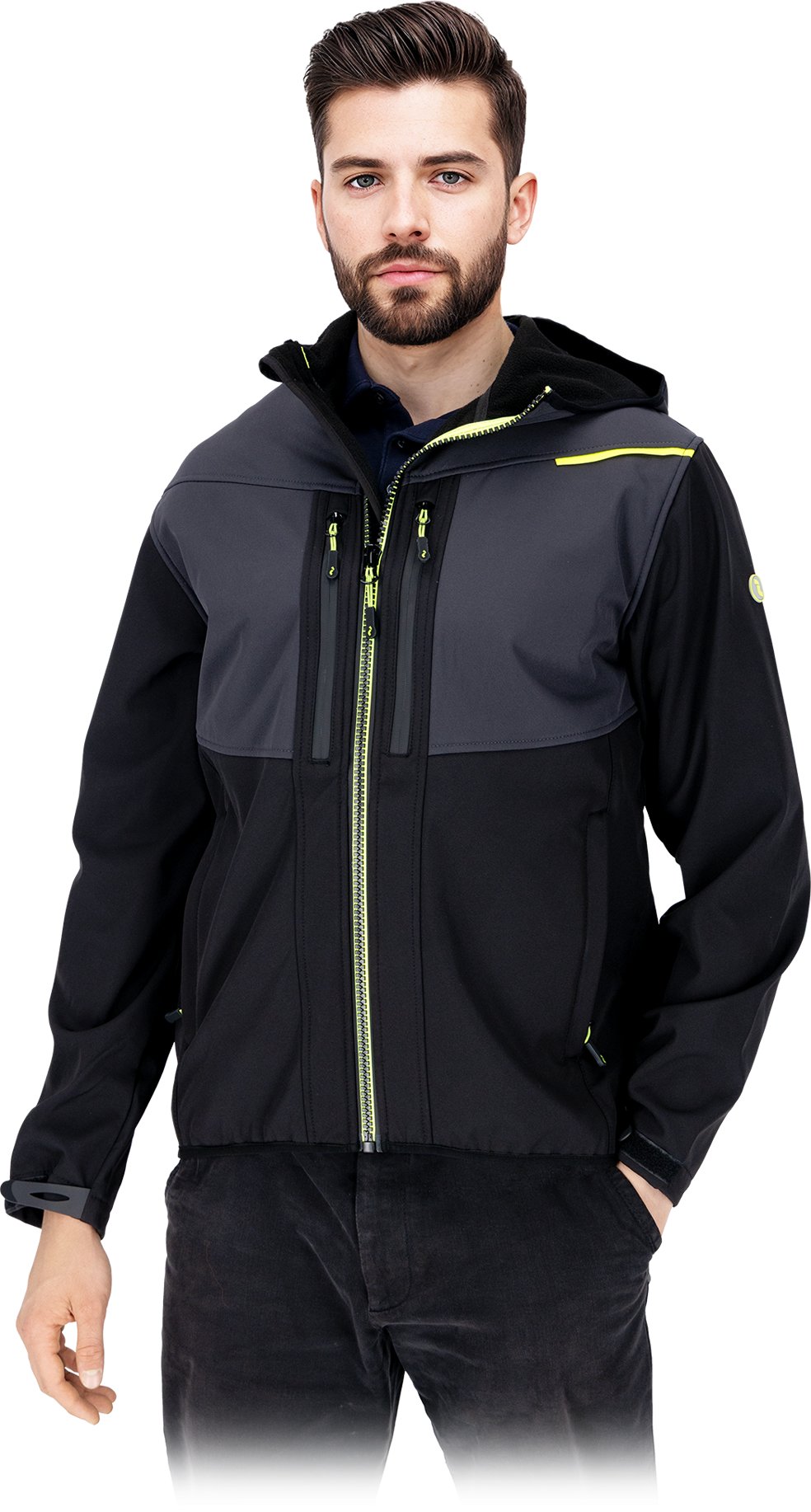 Kurtka męska Reis Kurtka męska ochronna softshell stójka zamek ocieplana polarem kaptur rękawy rzep regulacja membrana TPU czarno-szaro-źółta M