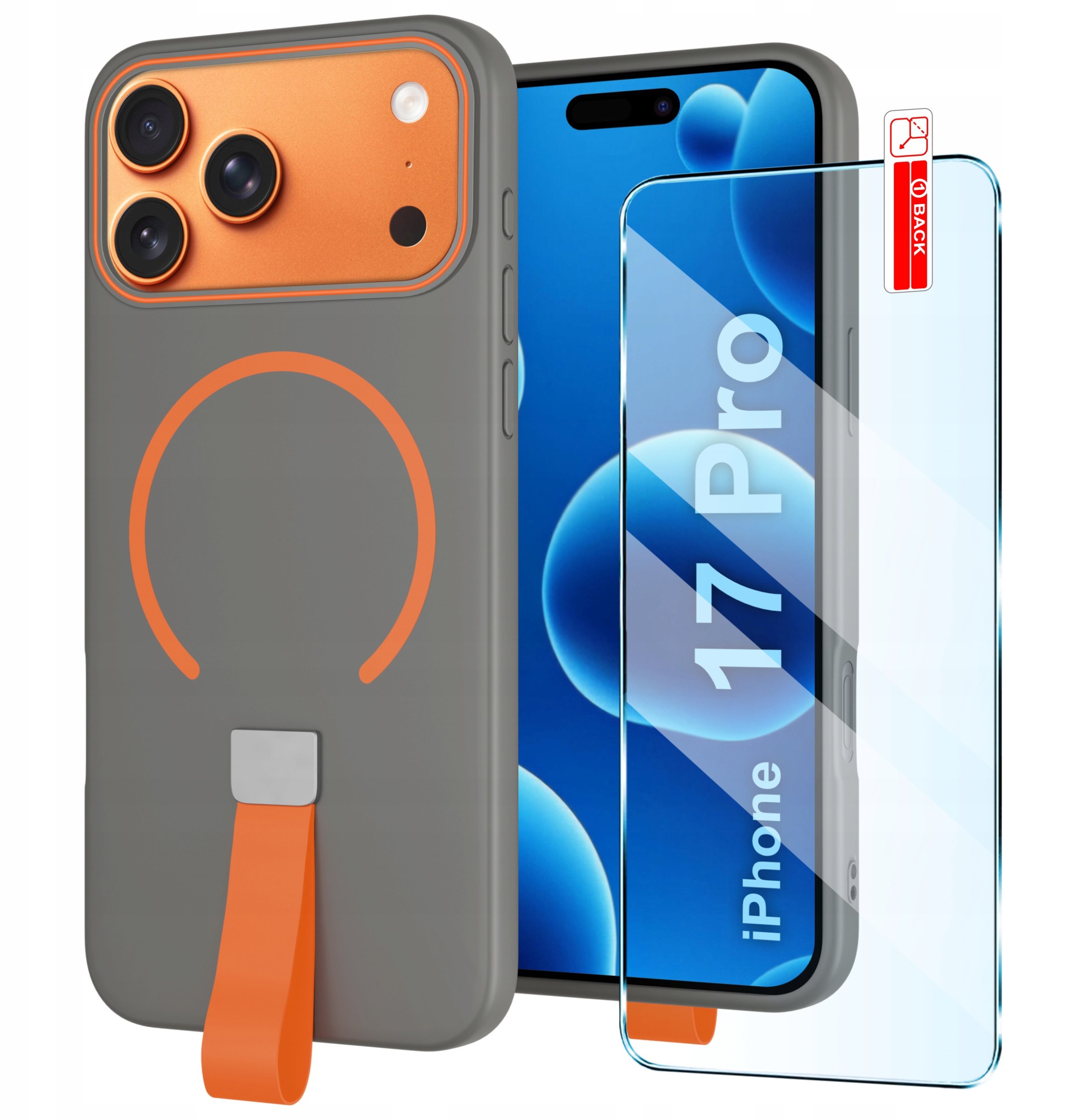 Etui z Paskiem na palec Matowe SZARE do iPhone 17 Pro |do MagSafe +Szkło