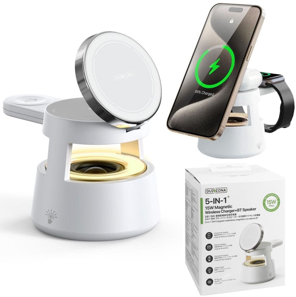 DUZZONA W23 - ładowarka indukcyjna 5w1 z głośnikiem Bluetooth i podświetleniem, kompatybilna z MagSafe 15W czarna