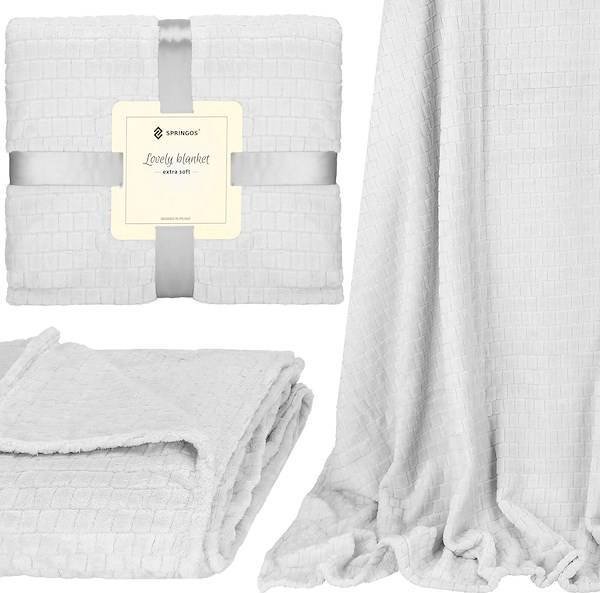 Springos Narzuta na łóżko, pled 170x210cm tłoczony, dwustronny koc na kanapę jasny szary UNIWERSALNY