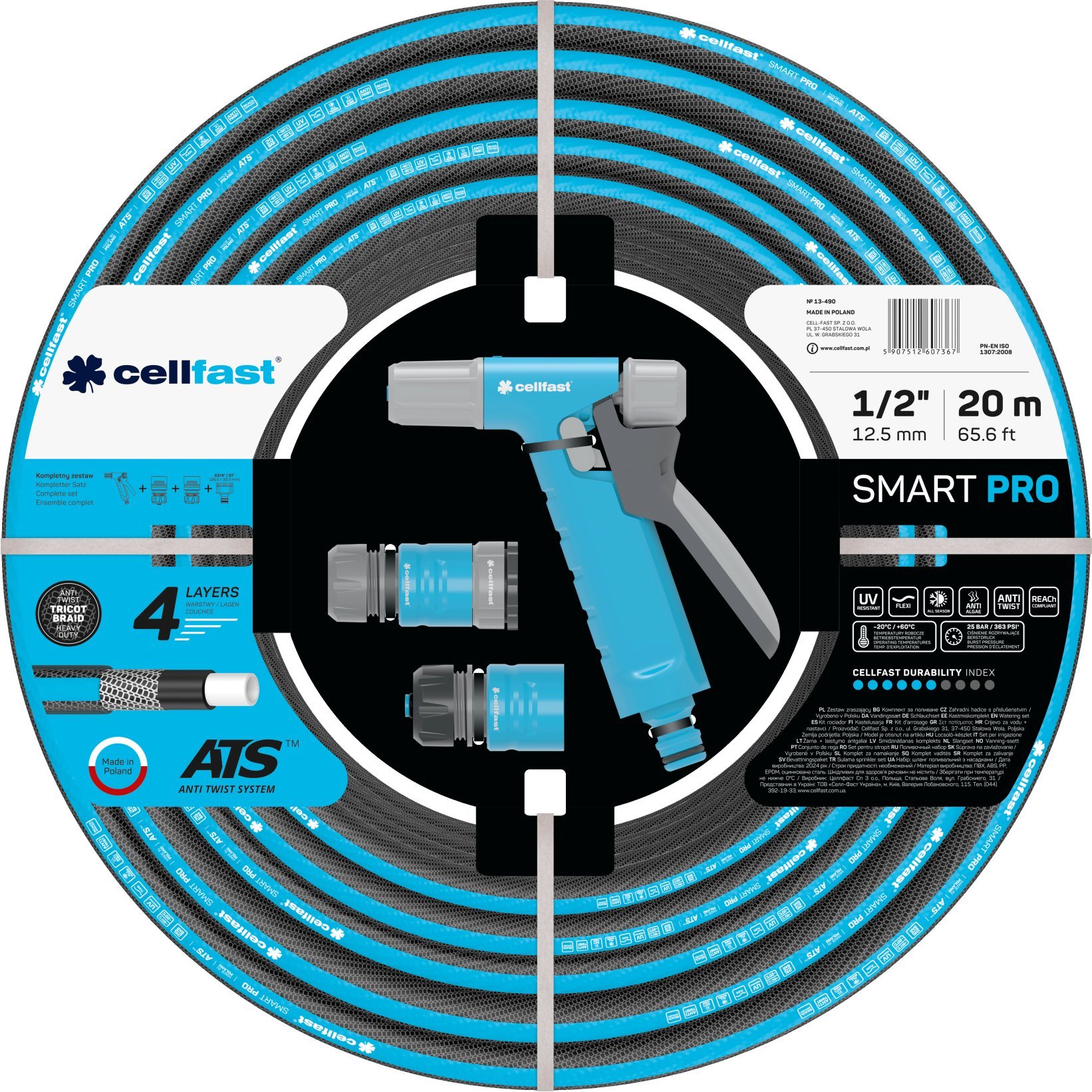 Cellfast Wąż ogrodowy Smart PRO ATS 1/2" 20m (C13-490) zestaw zawiera: wąż ogrodowy SMART 1/2" 20mb, zraszacz pistoletowy HYDRON, szybkozłącza stop i