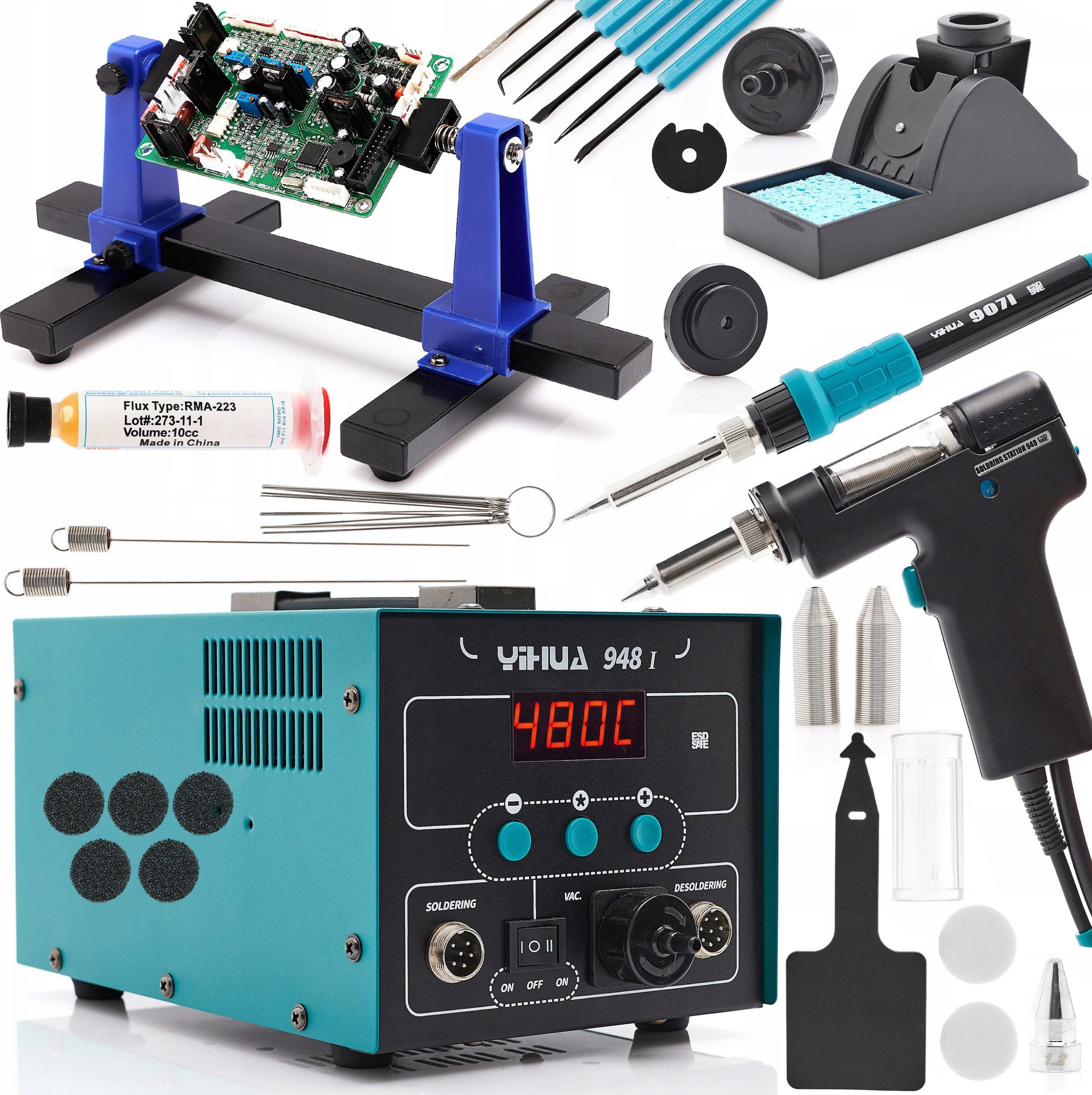 Zestaw Stacja Rozlutownicza 2w1 Yihua 948-I + Uchwyt PCB + Groty + Topnik