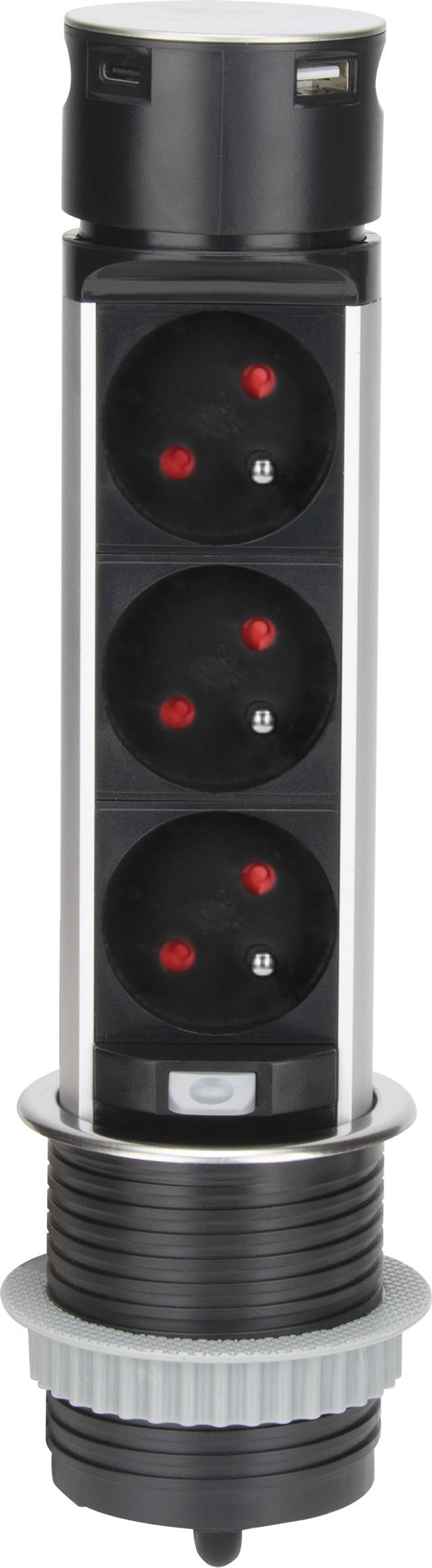 Orno Wpuszczane gniazdo meblowe ?6cm z ładowarką USB i przewodem 1,5m, 3x2P+Z, 2xUSB (typ A i typ C), INOX