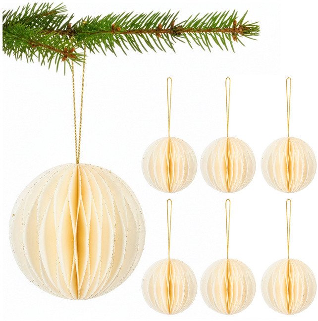 Papierowe bombki 6 szt. zawieszki choinkowe, ozdoby świąteczne 8 cm rozkładane, biały UNIWERSALNY