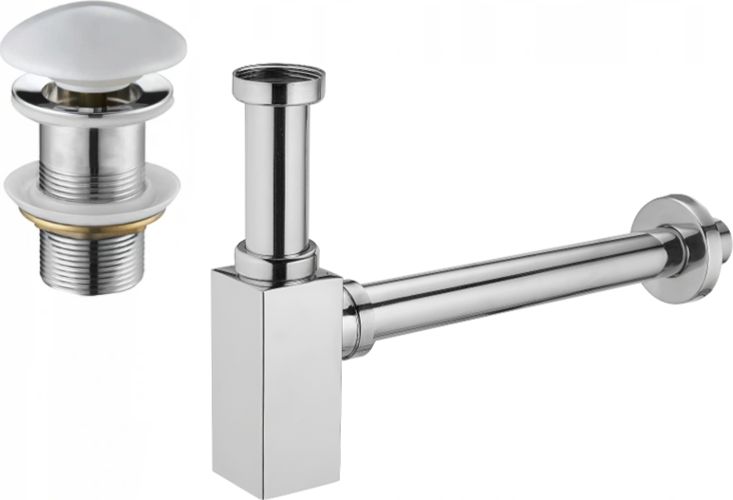 Syfon Mexen Mexen półsyfon umywalkowy kwadratowy z korkiem ceramicznym klik-klak, bez przelewu, chrom/biały - 7991060-02