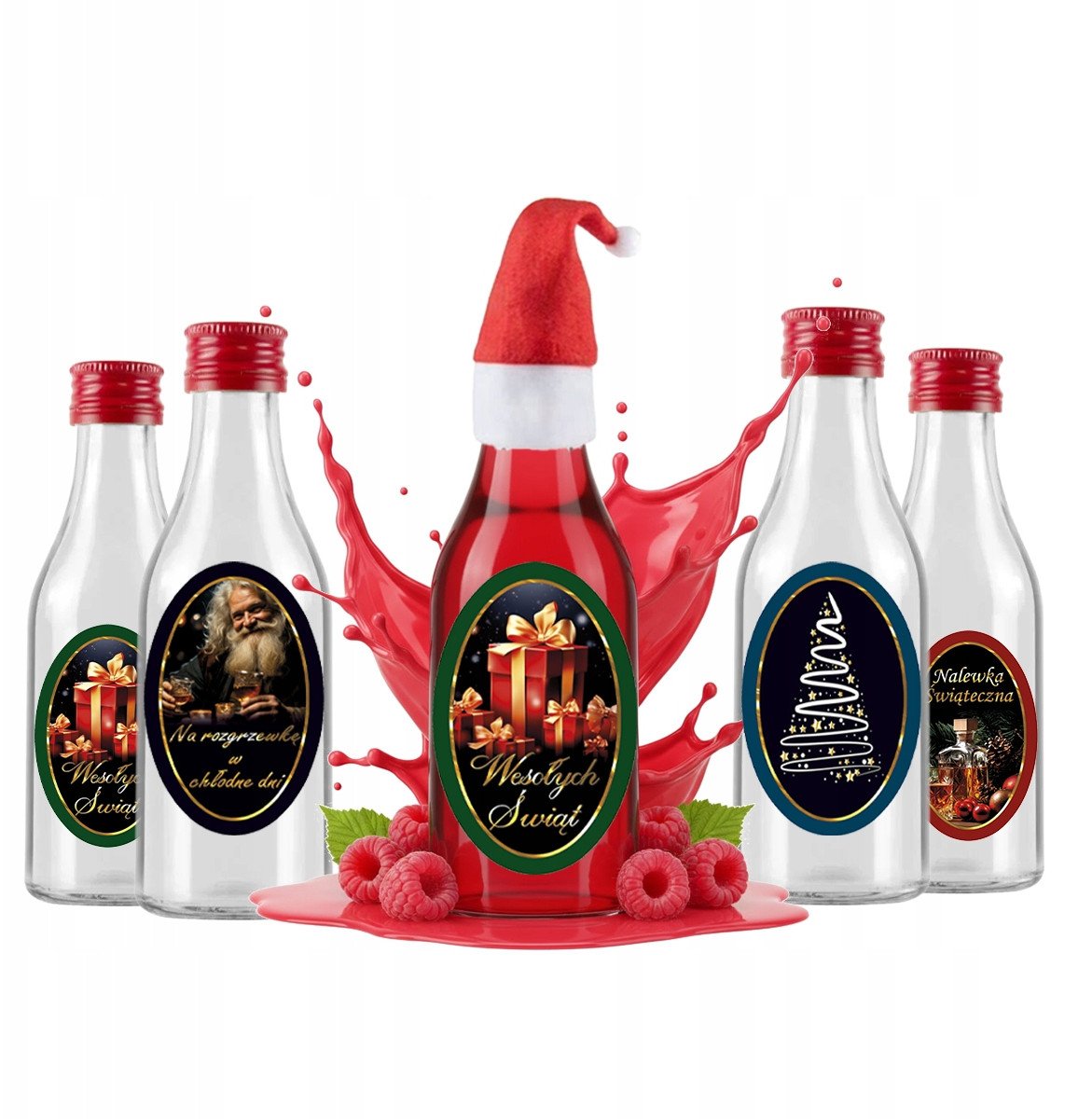 5x Butelki na Likier Świąteczny MONOPOL 50ml Czapka Etykieta Na Nalewki