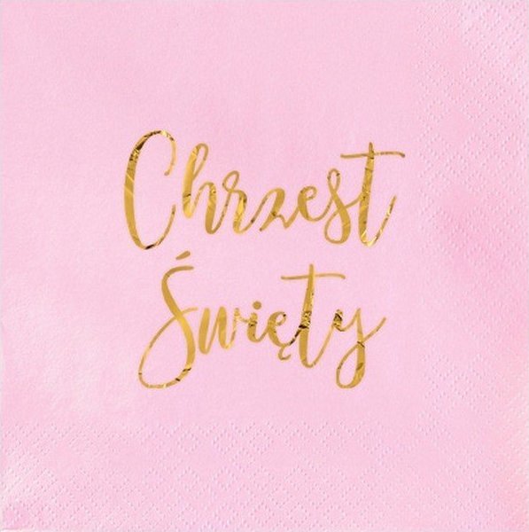 SERWETKI Chrzest złoty napis 33x33cm 20szt JASNORÓŻOWE