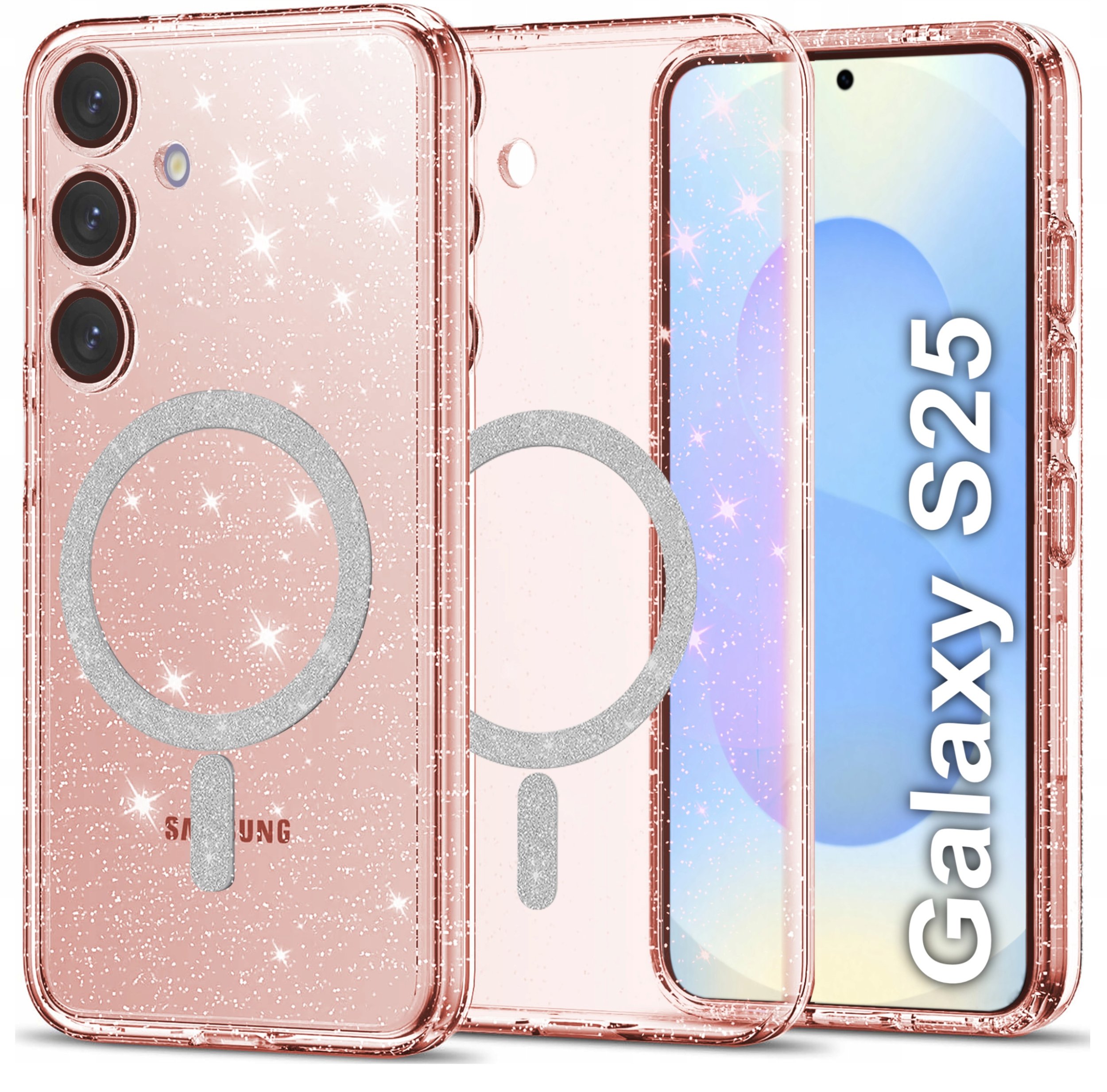 Etui do Samsung S25 BROKATOWE do MagSafe CLEAR SHINE + SZKŁO NA EKRAN