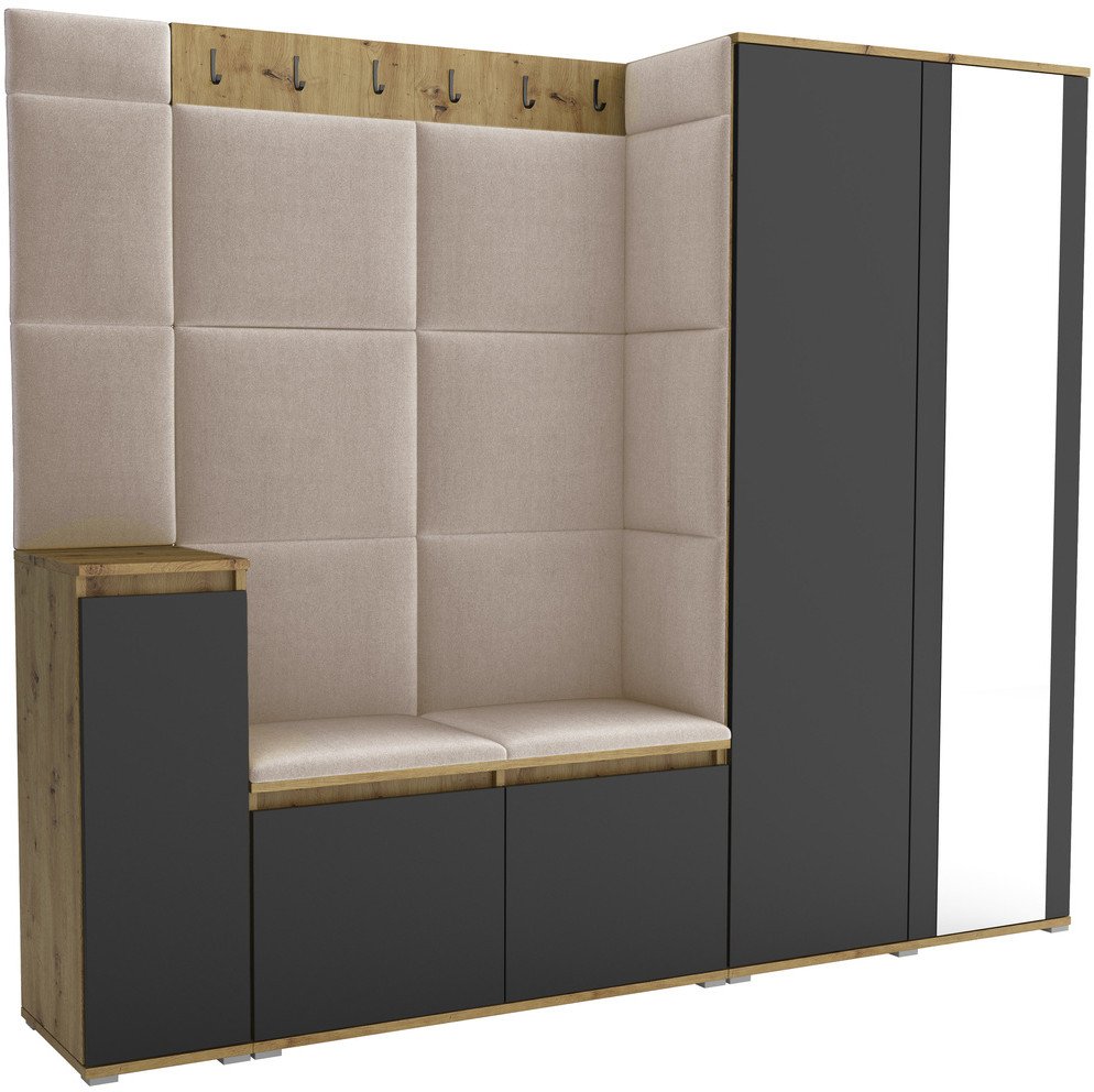 Tapicerowana garderoba Noris VIII z lustrem - kolor artisan z czarnym frontem + tkanina Trinity 04