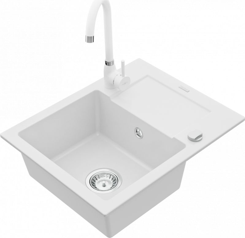 Zlewozmywak Mexen Enzo granitowy 1-komorowy z ociekaczem i baterią kuchenną Telma, biały - 6506-20-670200-20