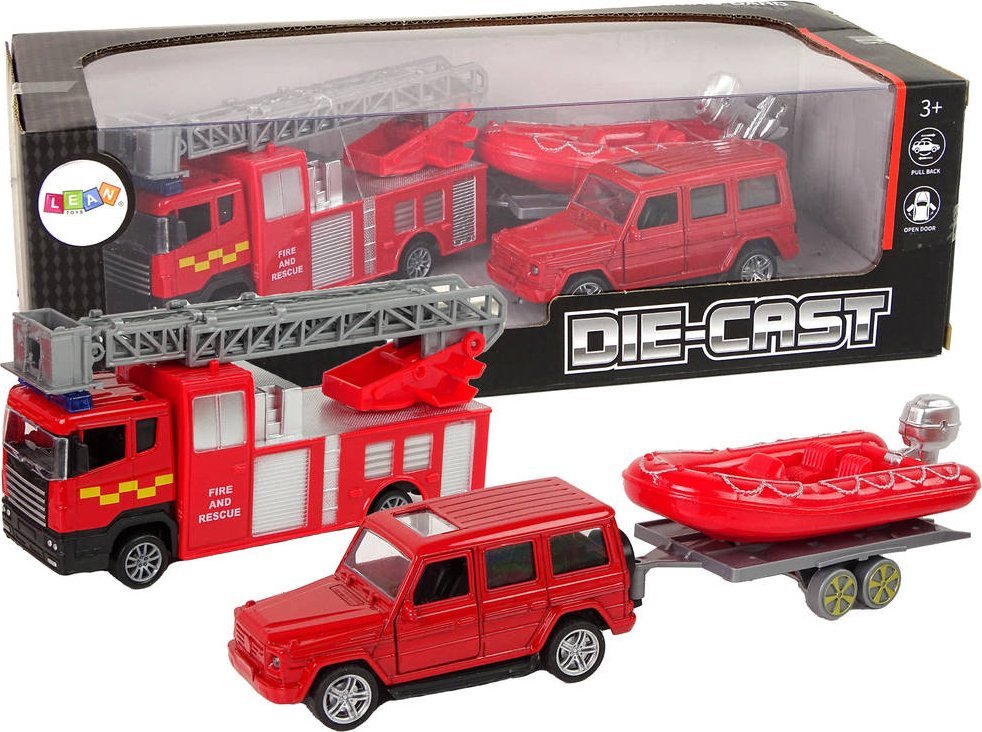 LeanToys Zestaw Pojazdów Straż Pożarna Naciąg Motorówka Jeep Czerwony
