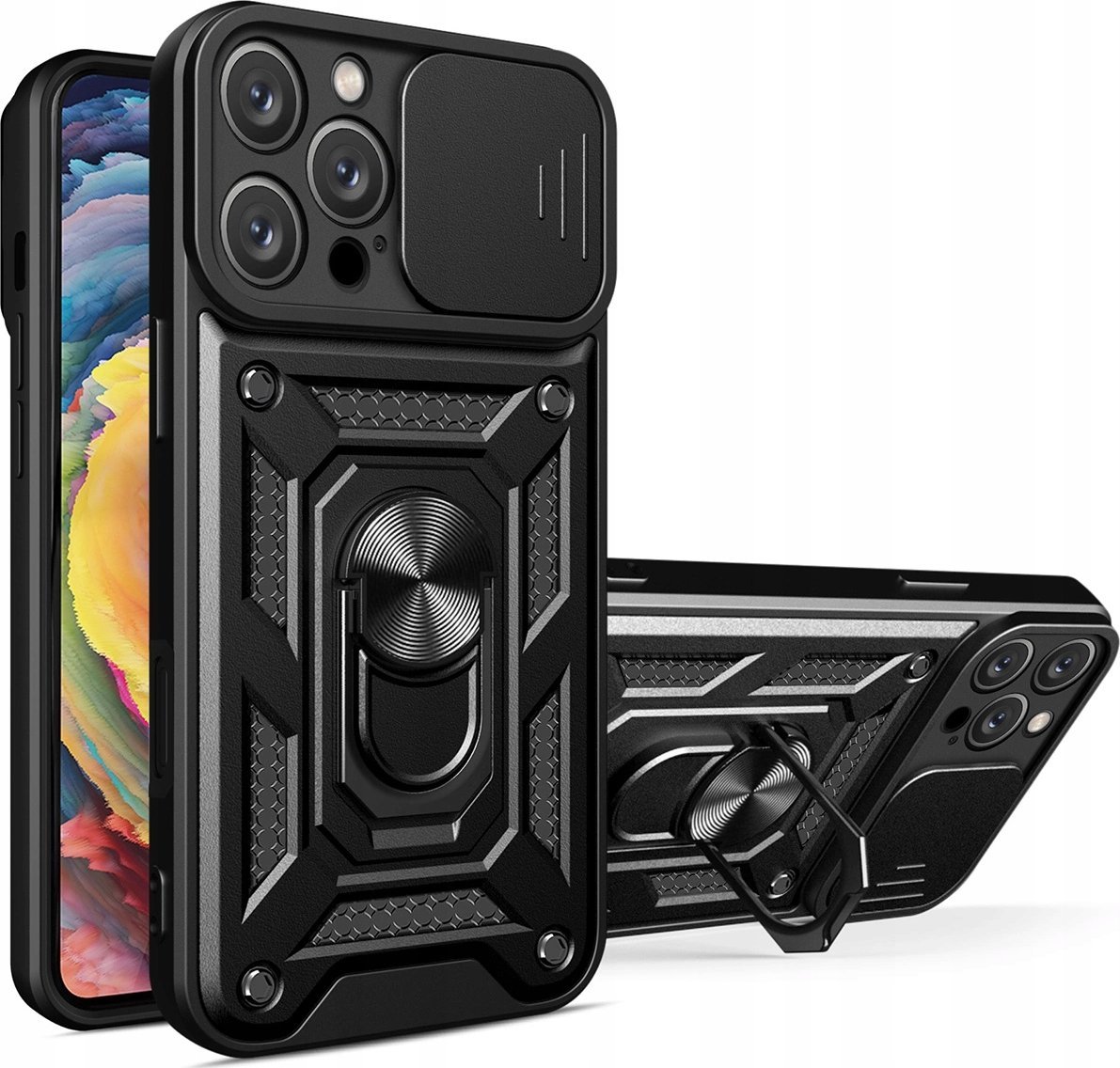 Hurtel Etui Hybrid Armor Camshield na iPhone 16 Pro Max pancerne z osłoną na aparat z podstawką - czarne