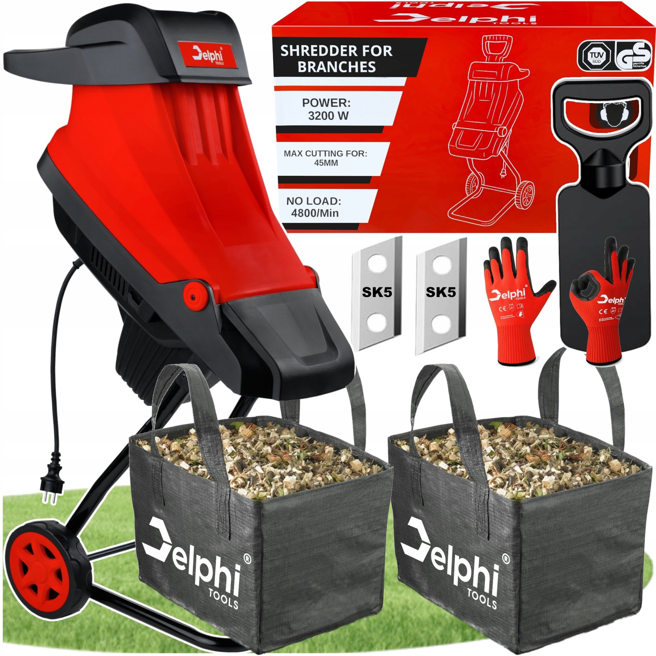 ROZDRABNIACZ DO GAŁĘZI RĘBAK ROZDRABNIARKA ELEKTRYCZNY 45mm 3200W 2x KOSZ