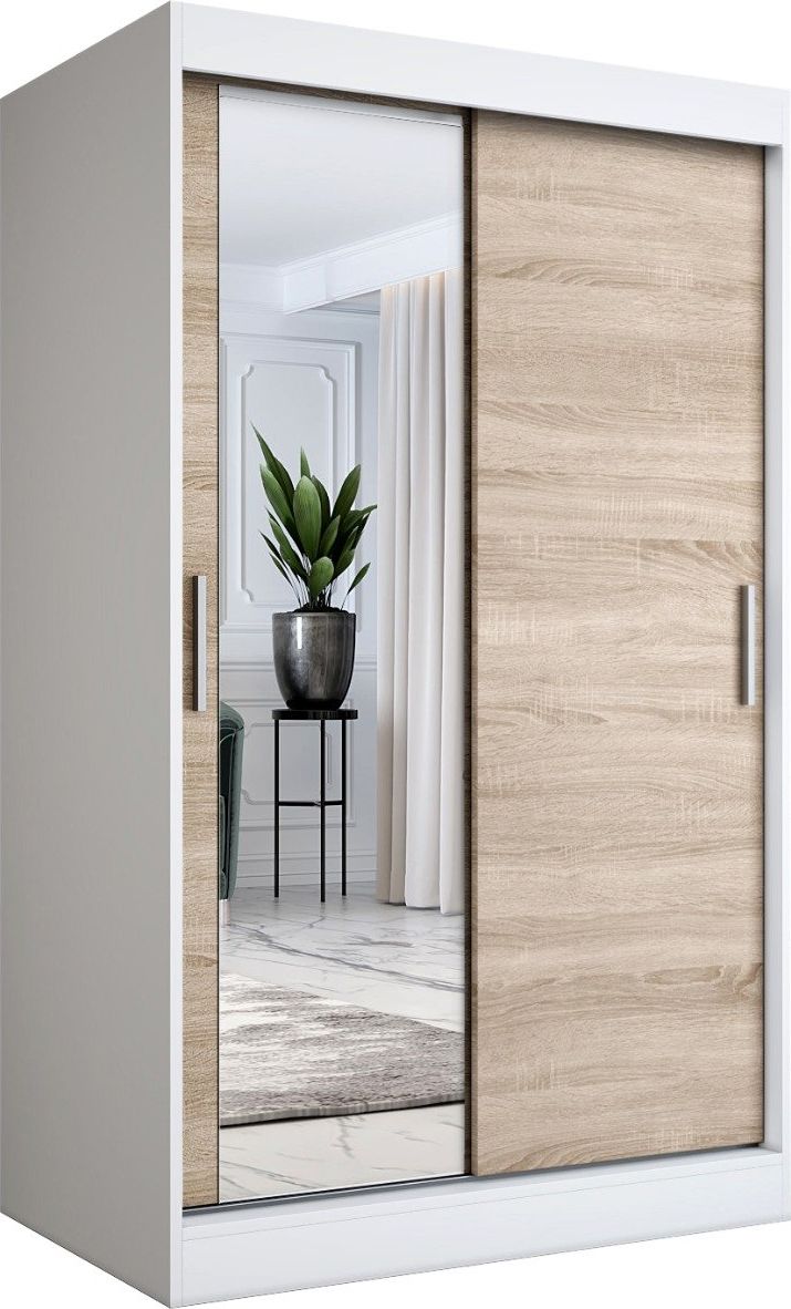 MKPOL Szafa przesuwna MODUO COMFORT 120 biała mat/dąb sonoma z lustrem po lewej