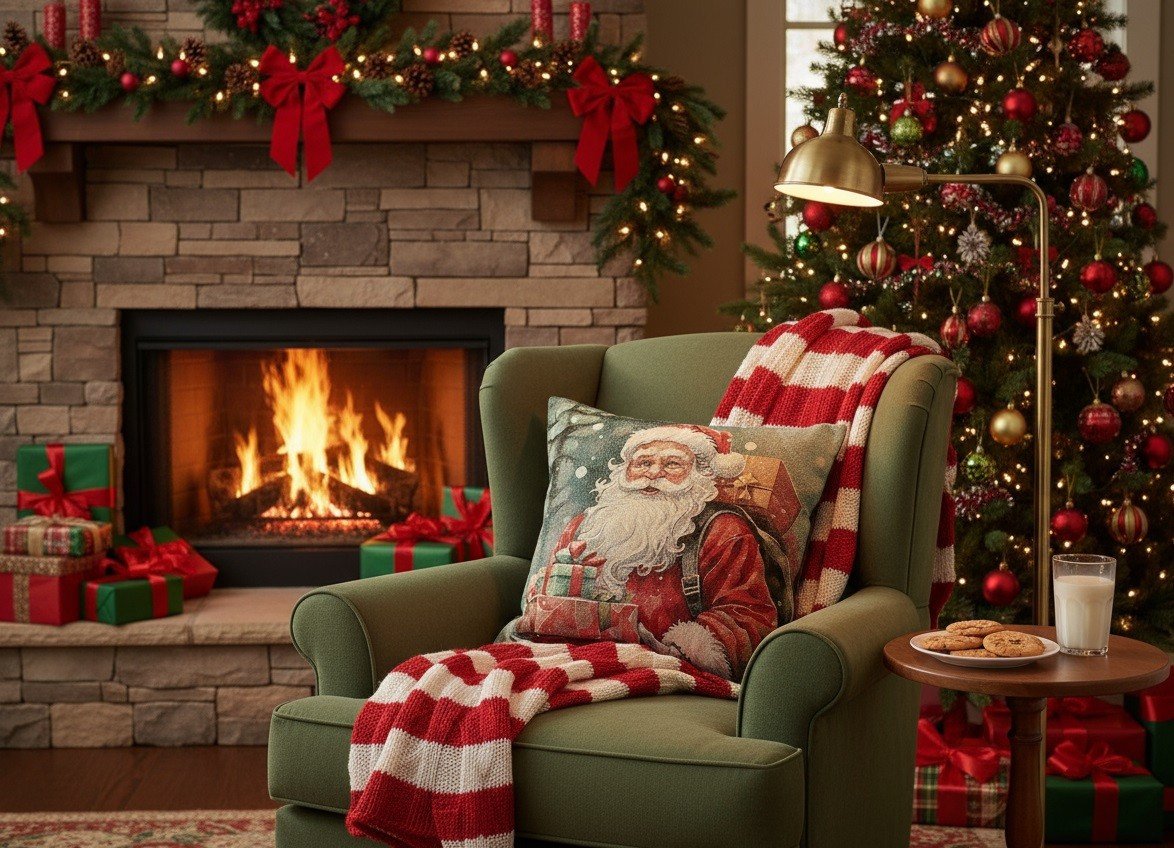 Poszewka dekoracyjna 45x45 cm Mikołaj z prezentem