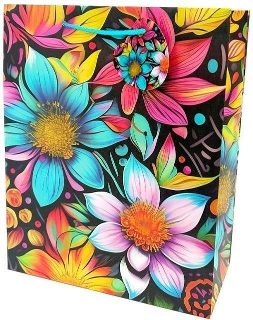 Torebka ozdobna matowa 26x32x12cm Kwiaty neon