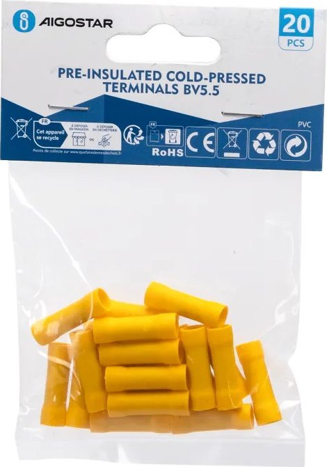 Aigostar Preizolowane zaciski tłoczone na zimno BV5.5 20 szt., żółte Preizolowane zaciski tłoczone na zimno BV5.5 20 szt., żółte