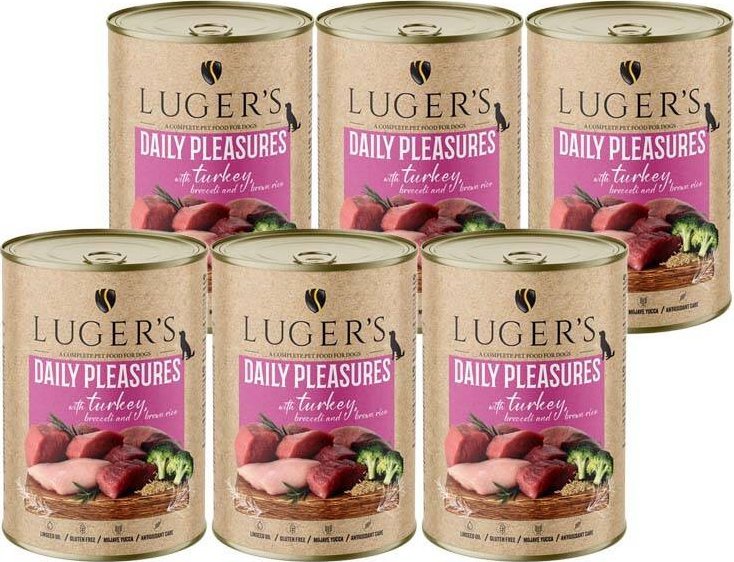 Karma mokra dla psa Luger's Daily Pleasures z indykiem, brokułem i ryżem brązowym zestaw 6 x 400 g