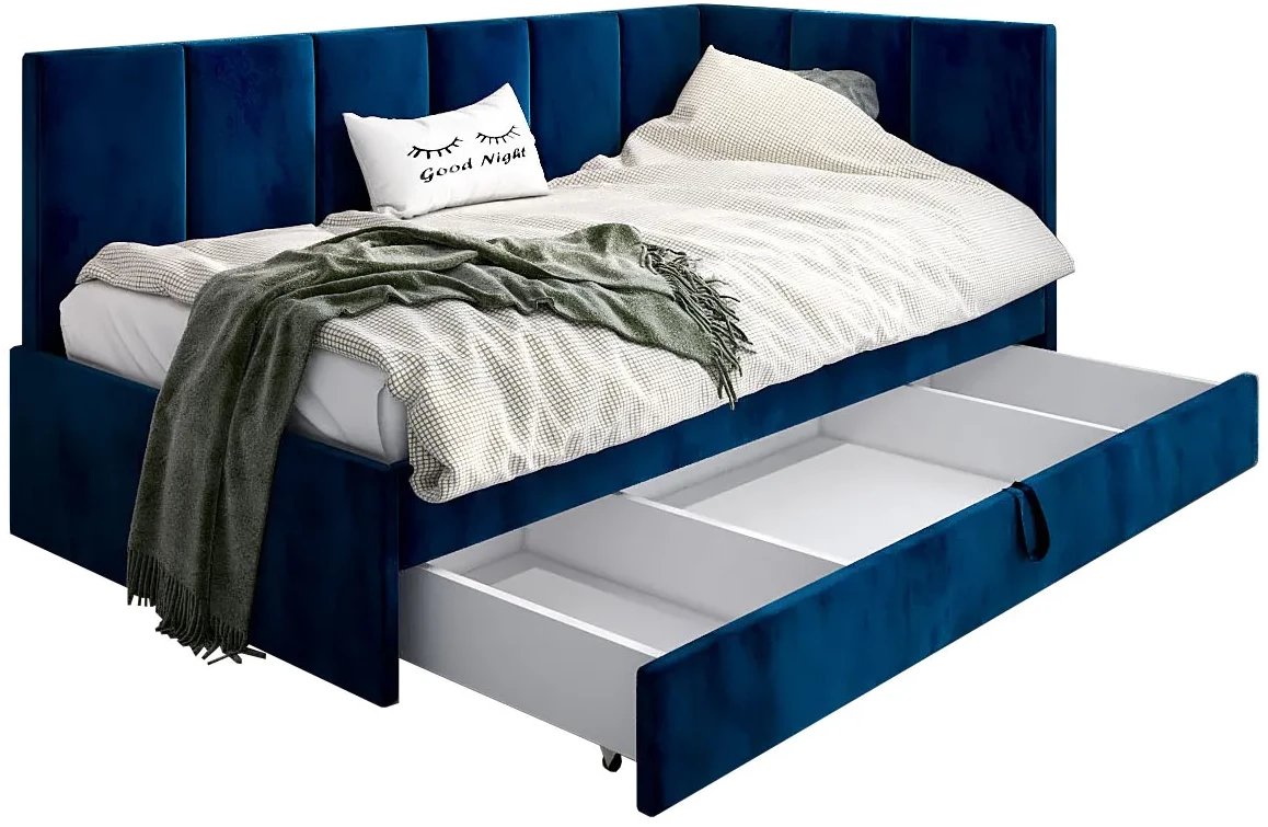 Łóżko młodzieżowe AURA 2 100x200 granatowe z tapicerowanym panelem L i szufladą MKPOL