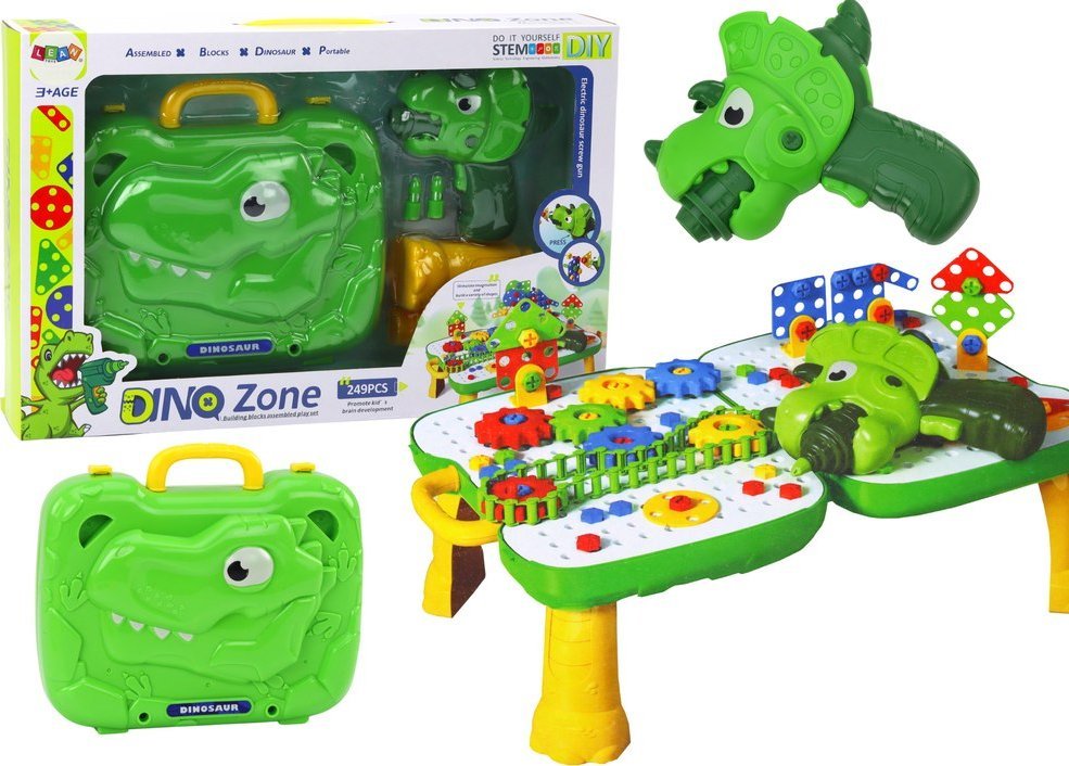 LeanToys Walizka Stolik Zestaw DIY Układanka Klocki Dinozaur Wkrętarka 249 ele.