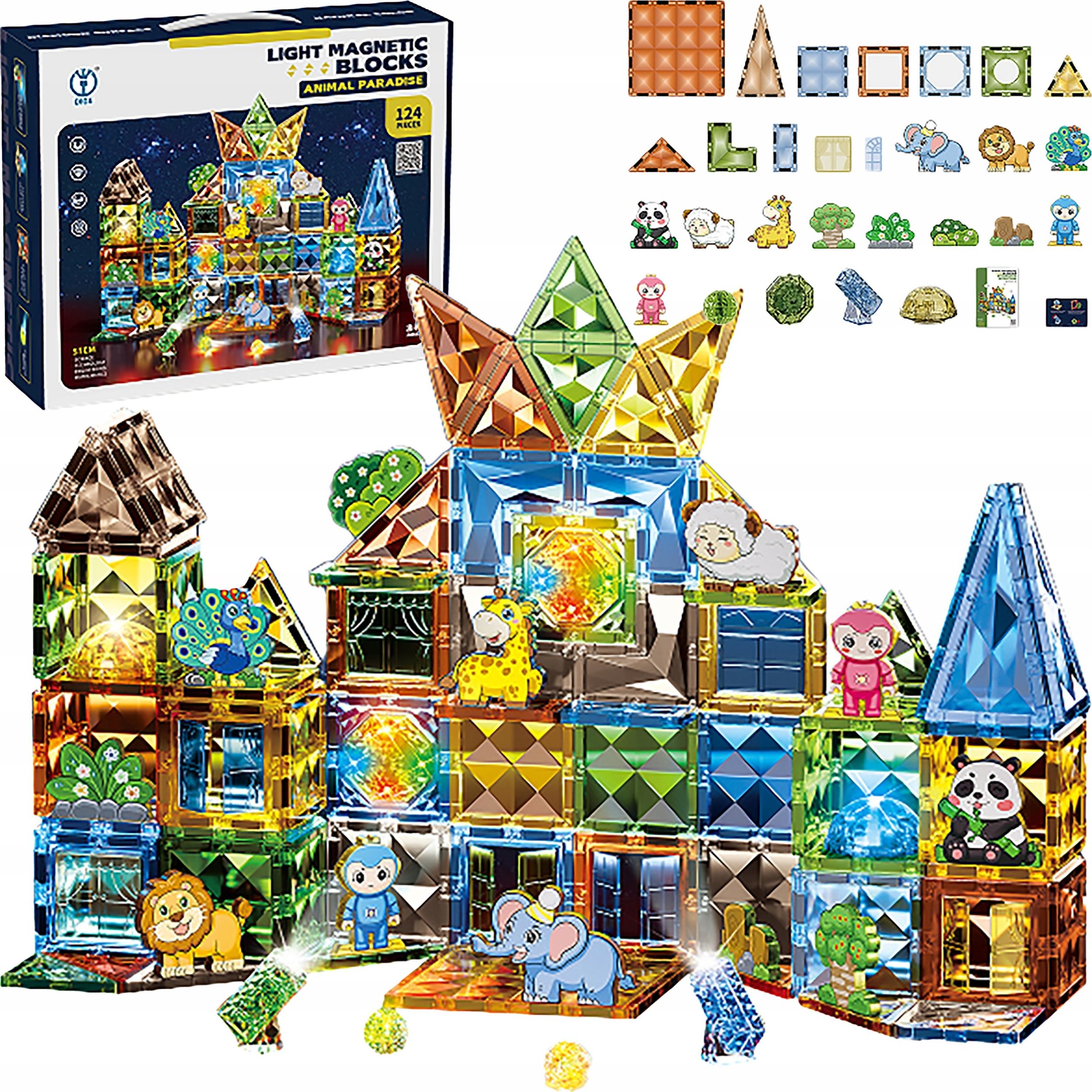 Konstrukcyjne Klocki Magnetyczne Świecące Elementy ZWIERZĘTA 124 El.