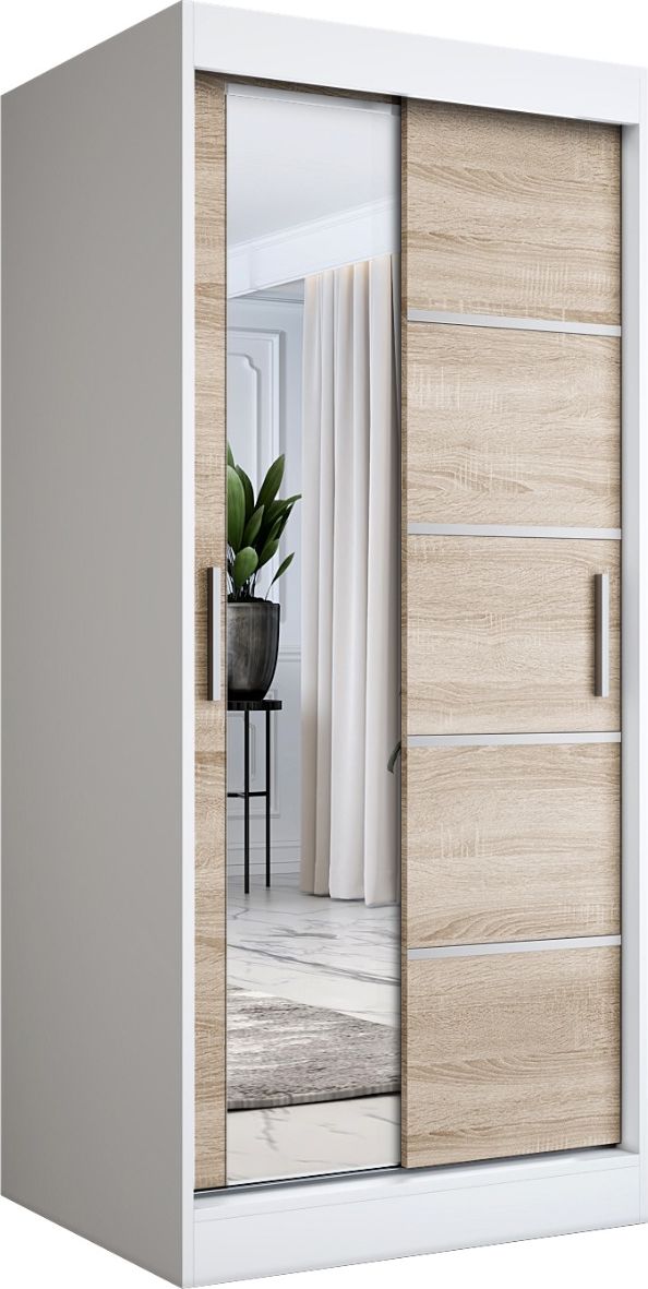 MKPOL Szafa przesuwna MODUO COMFORT 3 90 biała mat/dąb sonoma z lustrem
