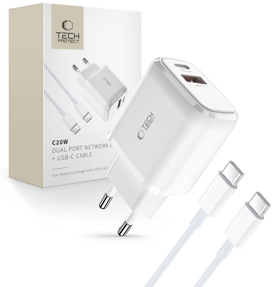 Ładowarka sieciowa C20W USB-C USB-A 20W z kablem USB-C - biała Ładowarka sieciowa C20W USB-C USB-A 20W z kablem USB-C - biała