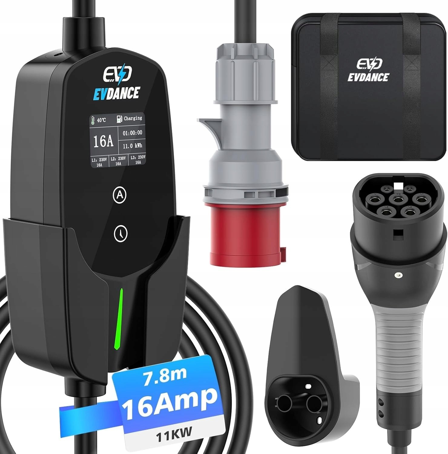 EVDANCE Mobile Wallbox stacja ładująca 11kW kabel 2CEE 7,8m 3-fazowy 6-16A