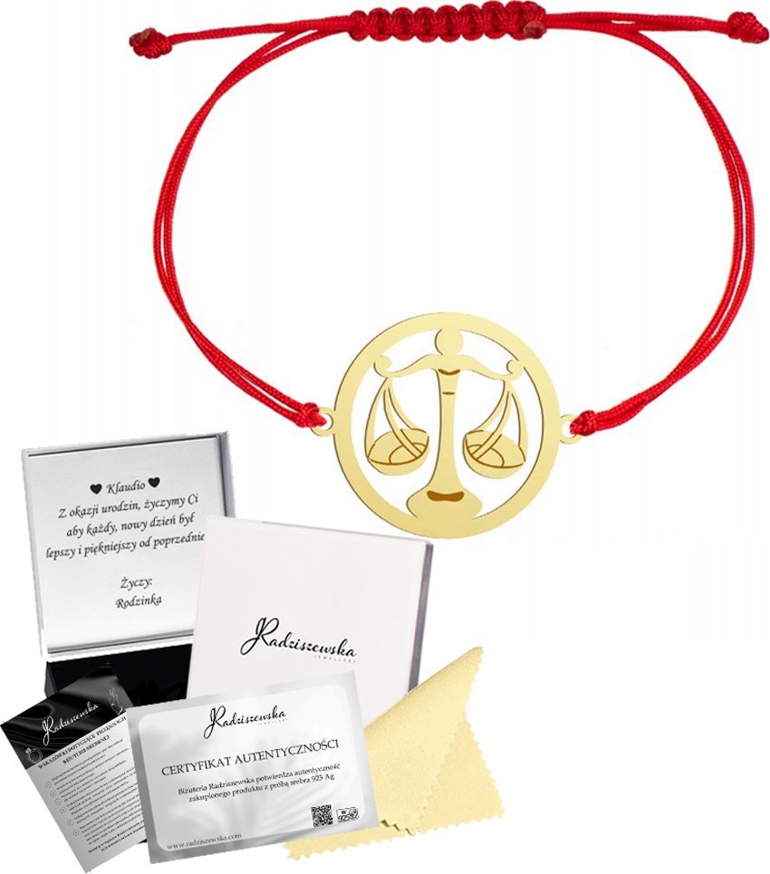 Radziszewska Jewellery Bransoletka Złota Znak Zodiaku Waga 925 Sznurek Prezent GRAWER GRATIS