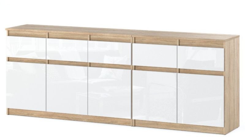 Komoda 5 Szuflad 200cm Pojemna Nowoczesna Szafka Dąb Sonoma Biały Połysk
