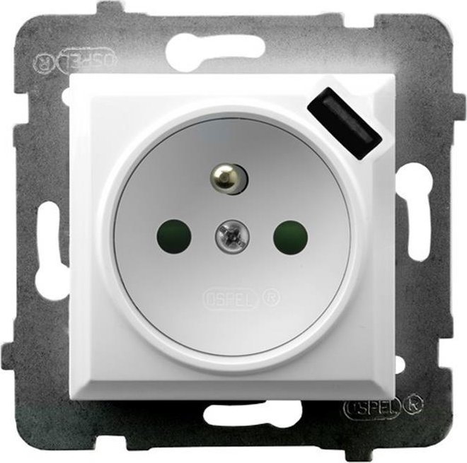 Ospel Gniazdo pojedyncze Ospel Aria GP-1UZPUSB/m/00 z uziemieniem z przesłonami z ładowarką USB 2,1A białe