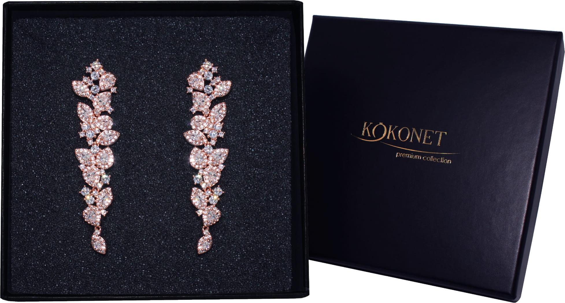 KOKONET Kolczyki ślubne różowe złoto rustyklane cyrkonie