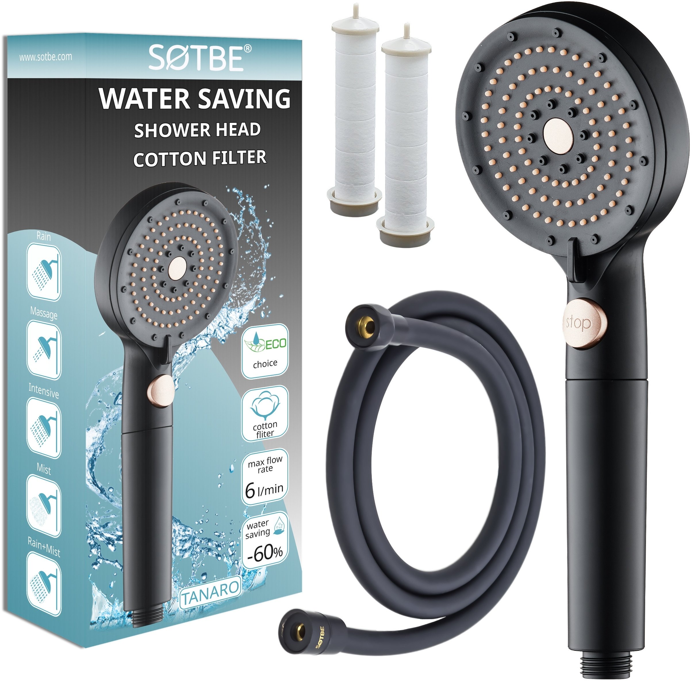 Słuchawka prysznicowa OSZCZĘDNA z filtrem Wąż 150 cm czarny gładki ZESTAW