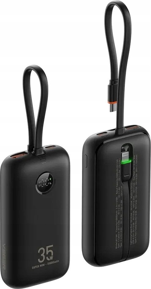 VEGER powerbank 10000 mAh z wbudowanymi kablami Typ C / Lightning PD QC3.0 35W K1 (W1188) czarny