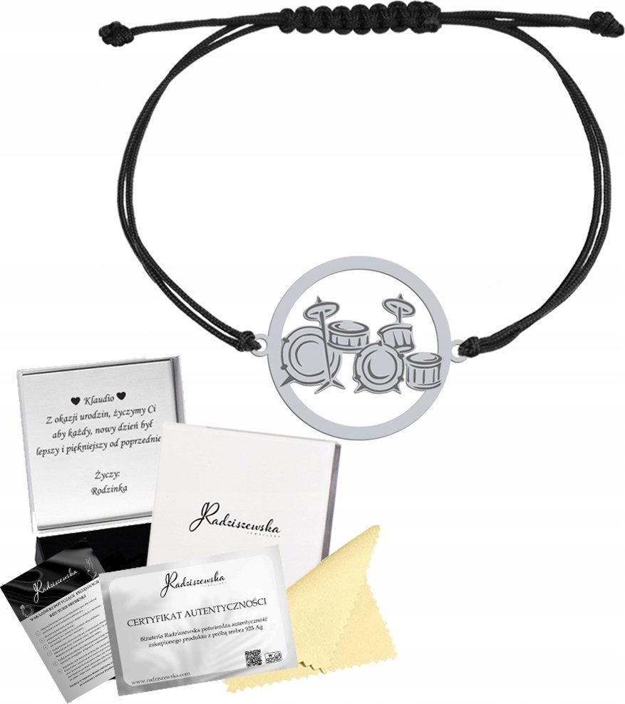 Radziszewska Jewellery Bransoletka Srebrna Perkusja Sznurek SREBRO 925 GRAWER DEDYKACJA GRATIS
