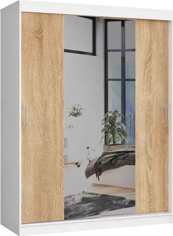 Elior Przesuwna szafa z lustrem biała + dąb sonoma - Sillo