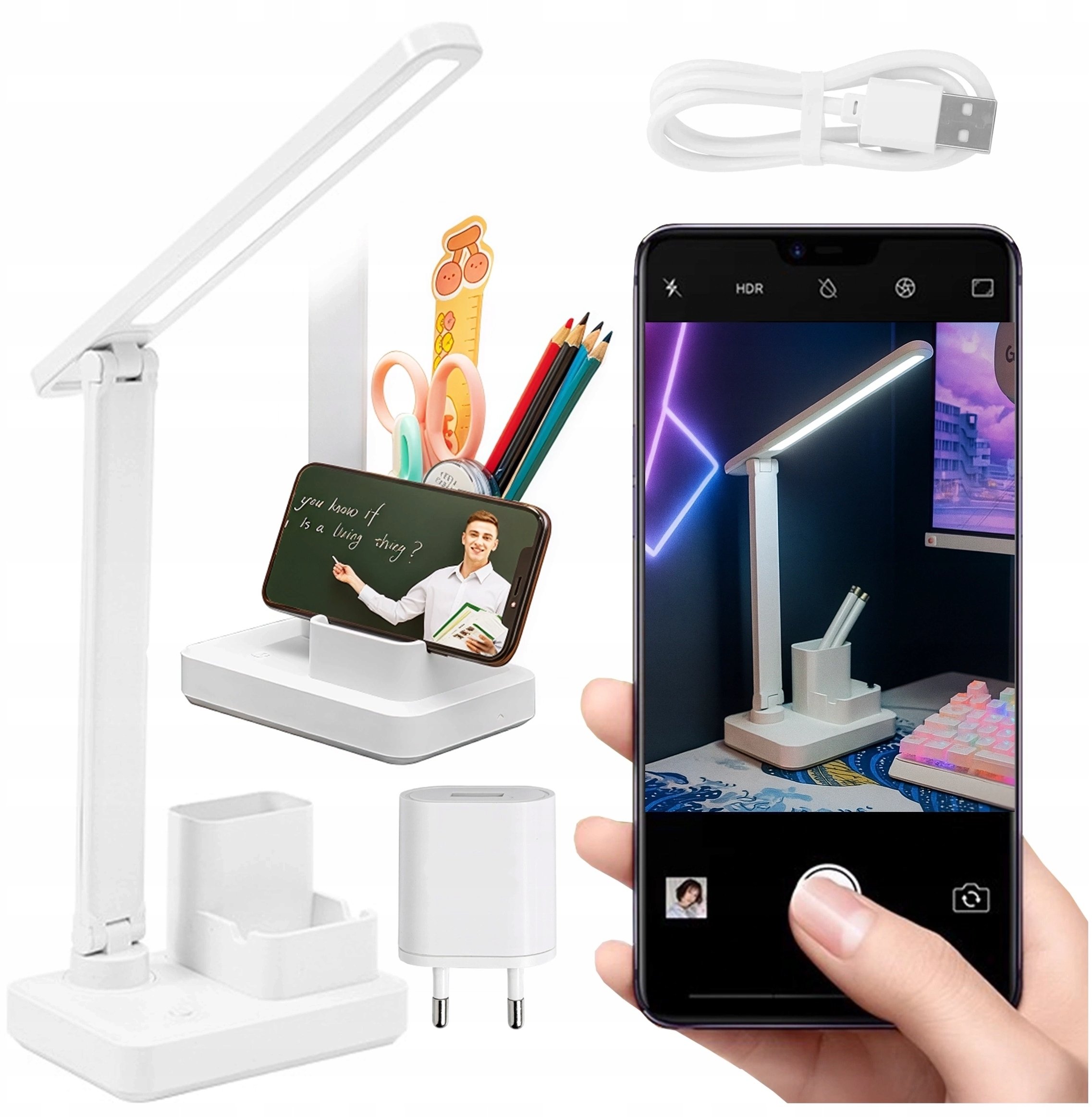 Lampka biurkowa nocna LED - akumulator 2400 mAh, organizer na długopisy i telefon, regulowane światło, idealna na biurko i do na