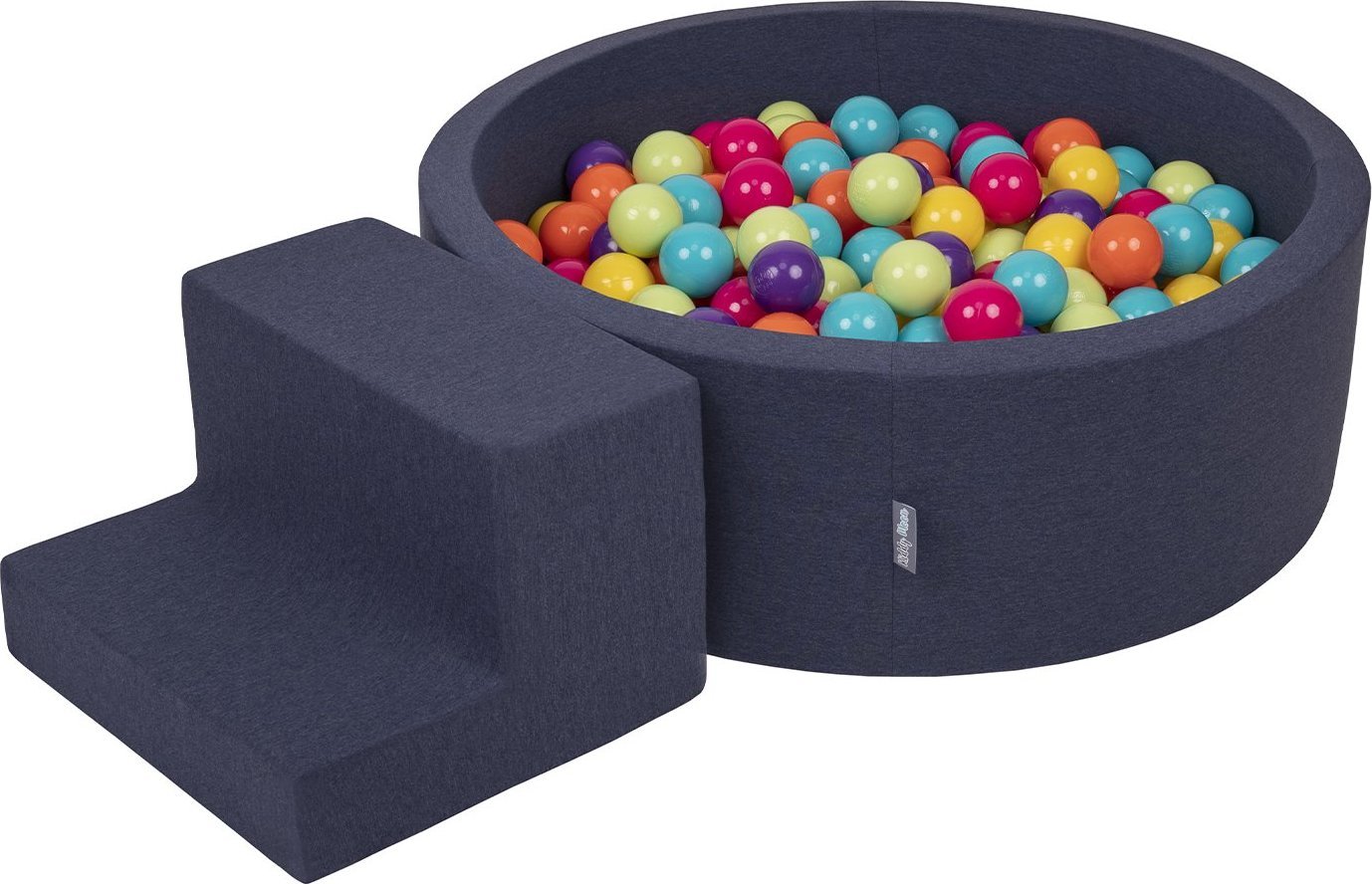 KiddyMoon Piankowy plac zabaw PPZP-OK30D-122 z piłeczkami granatowy: jasny zielony-żółty-turkus-pomarańcz-ciemny róż-fiolet basen 100/schodek Zabawka