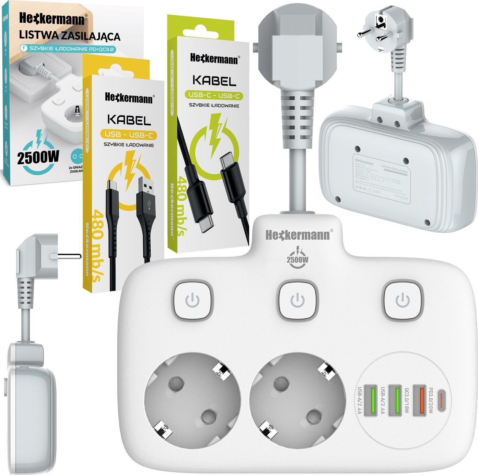 Listwa zasilająca Heckermann Listwa zasilająca Heckermann SE2435 + Kabel USB A-C AD-609CTS + Kabel USB C-C 610CC