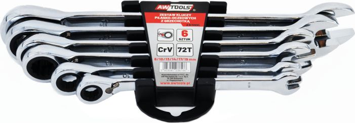 AWTools klucze płasko-oczkowe z grzechotką komplet 6 sztuk 8-19mm (AW39995)