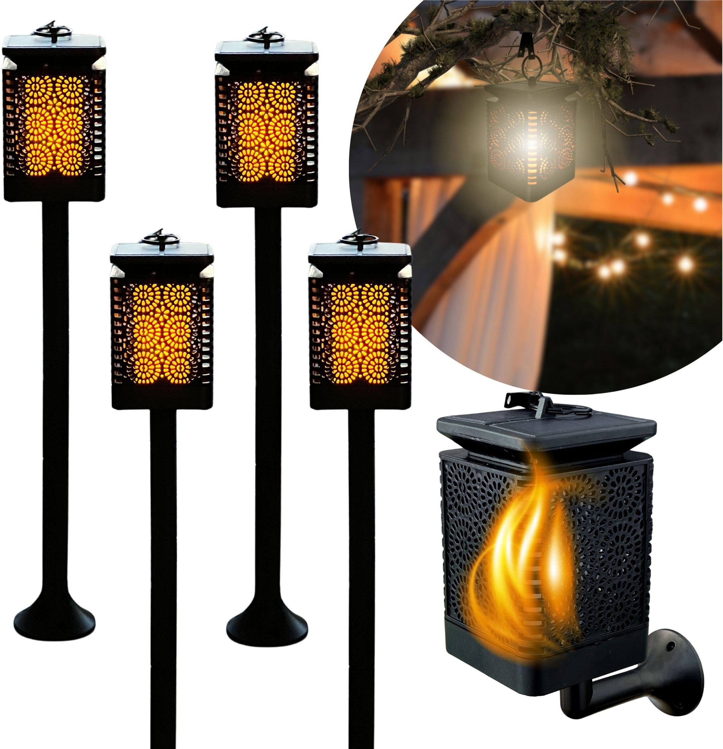 BLIXTAR 4x Lampa Solarna 3w1 Ogrodowa LED, Lampion, Pochodnia Efekt Płomienia Latarnia