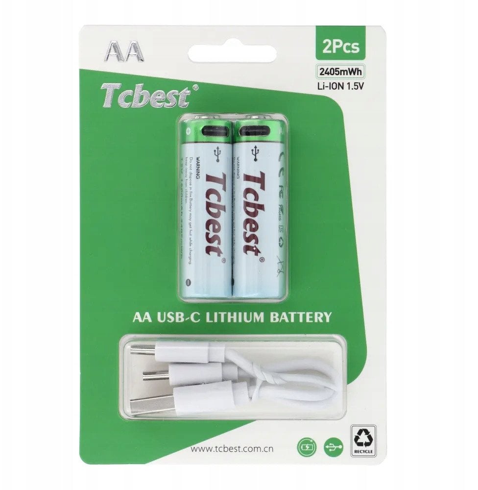 TCBEST bateria akumulatorowa R6 (AA) 650 mAh z gniazdem Typ C + kabel USB A do 2 x Typ C 2 szt