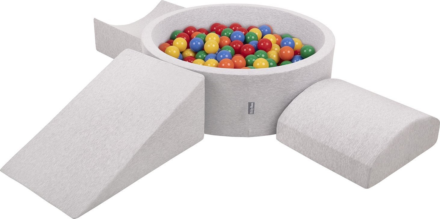 KiddyMoon Piankowy plac zabaw PPZP-OK30D-114 z piłeczkami jasnoszary: żółty-zielony-niebieski-czerwony-pomarańcz basen 300/klin L/rampa L/półwałek L Z