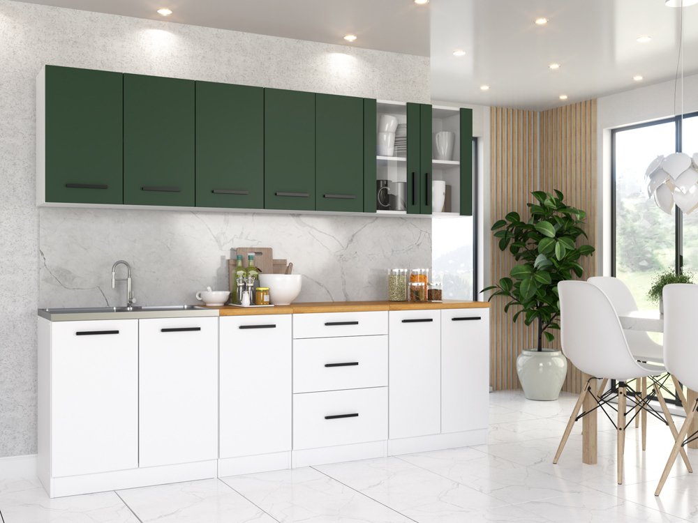 Meble Kuchenne Nowoczesne Modułowe Remino 2.6m Butelkowa Zieleń Białe Mat